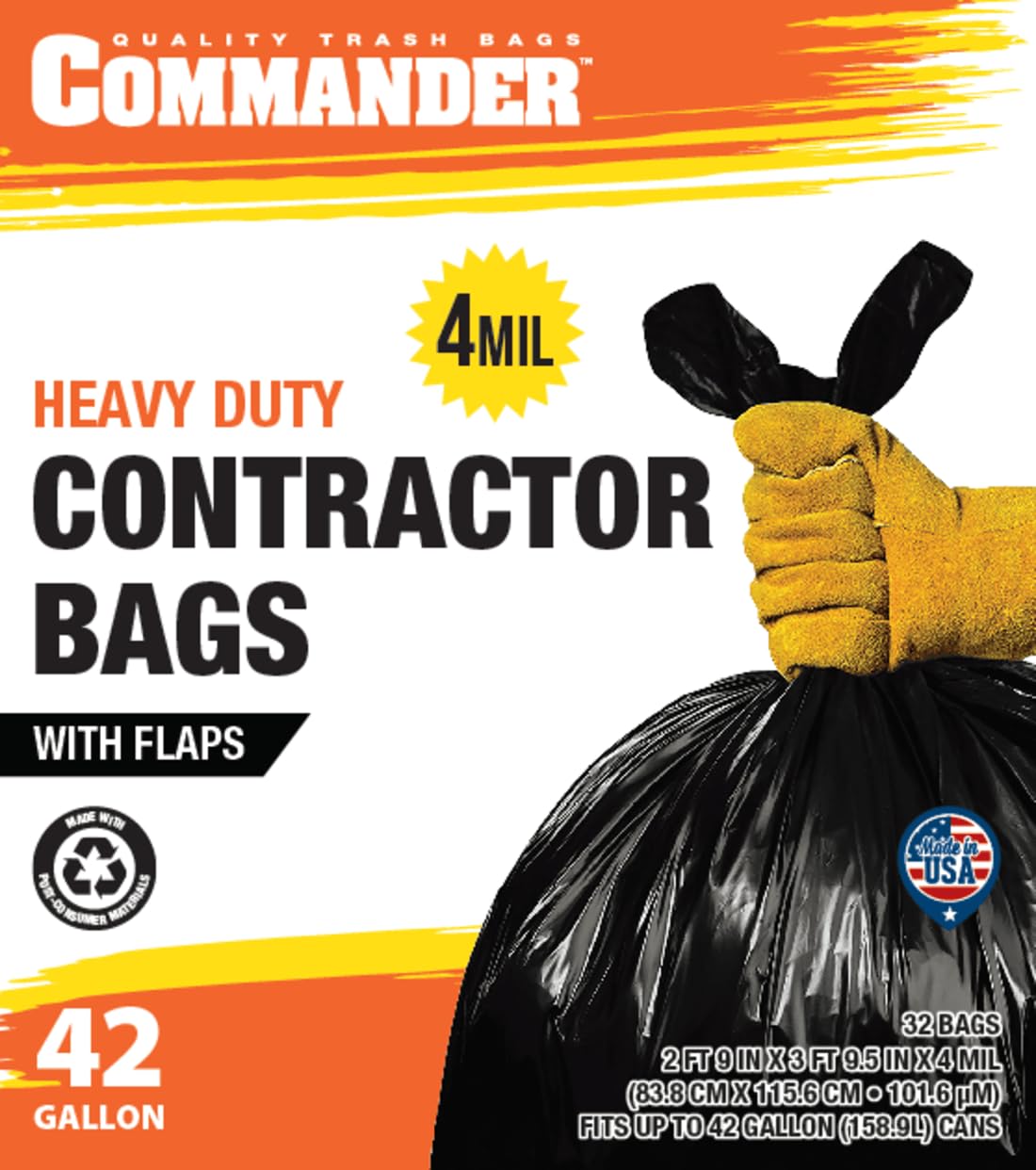 42 Gallon 4 MIL Black Heavy Duty Trash Bags Pack of 32 E1998