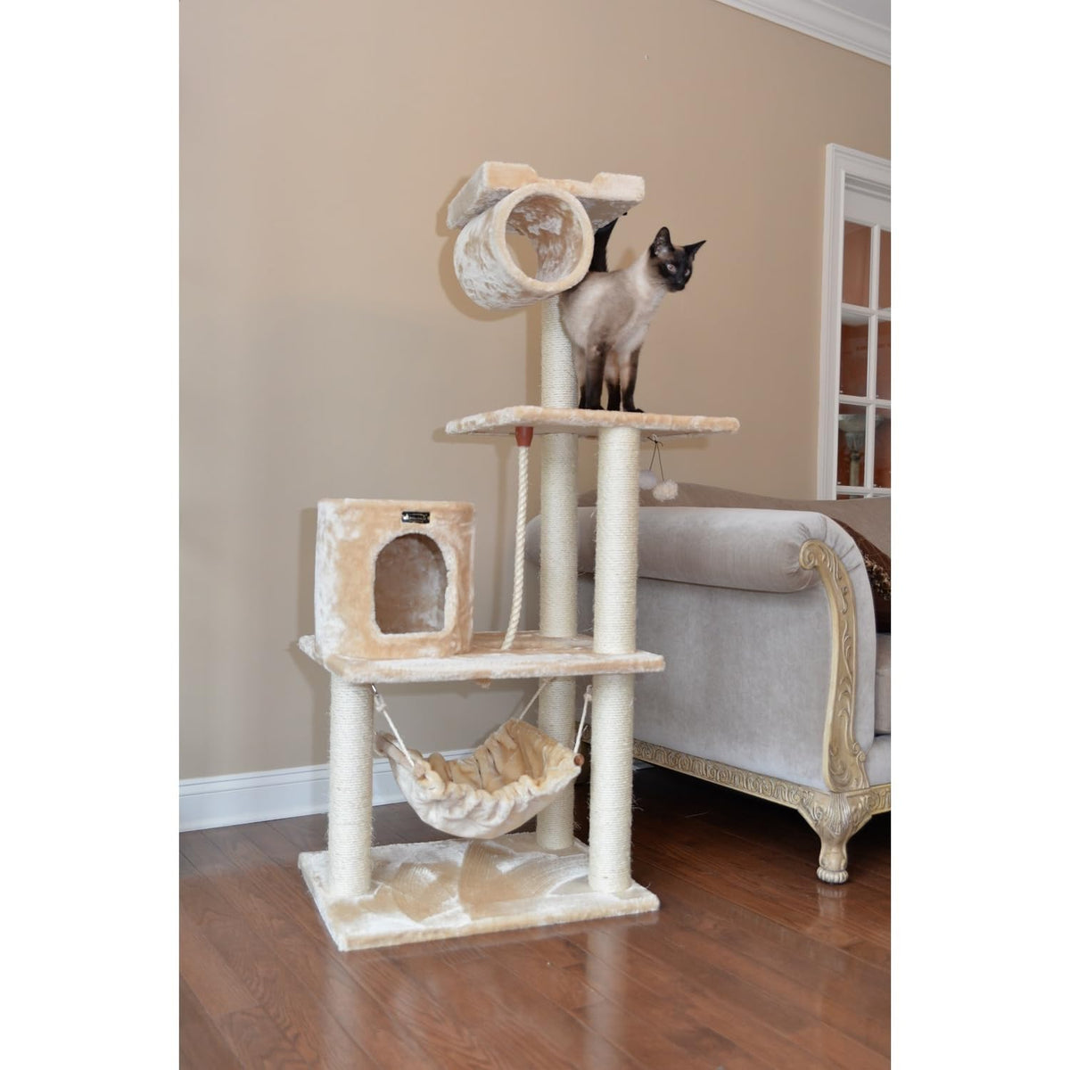 Tall 70 Inch MultiLevel Feline Activity Tower with Scratching Posts and Playhouse, Tan Y7986