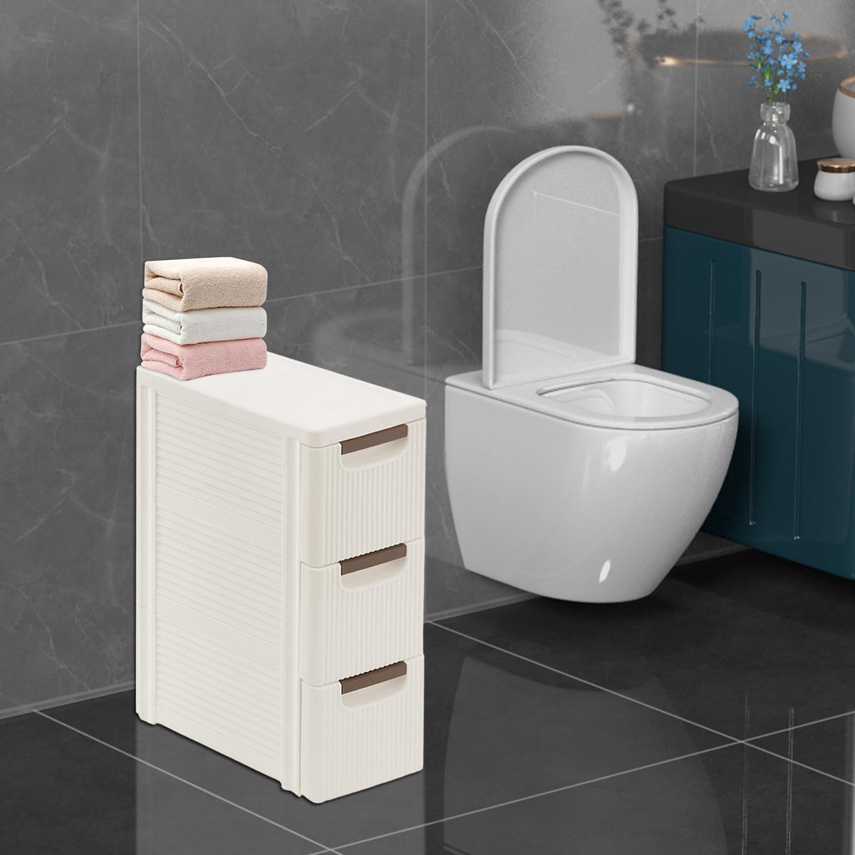Narrow Rolling Storage Cabinet with 3 Drawers M851