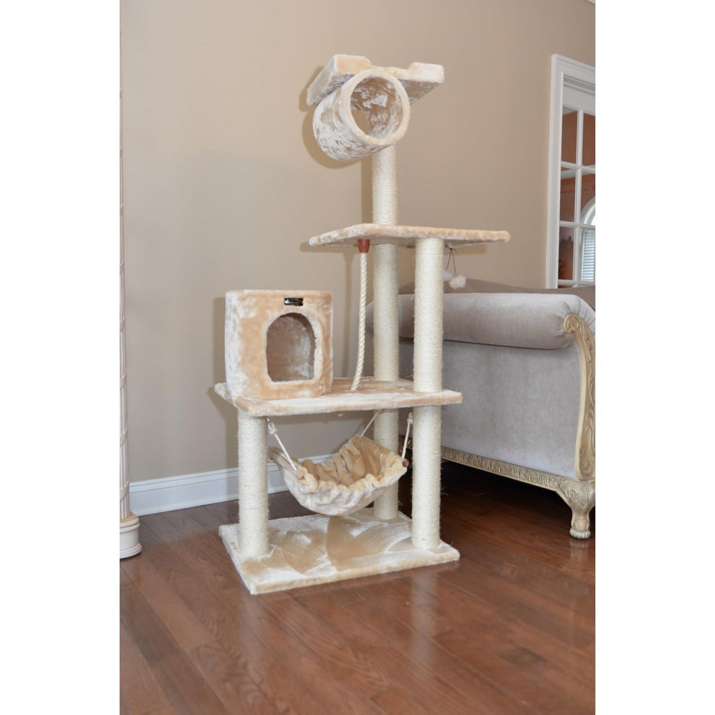 Tall 70 Inch MultiLevel Feline Activity Tower with Scratching Posts and Playhouse, Tan Y7986