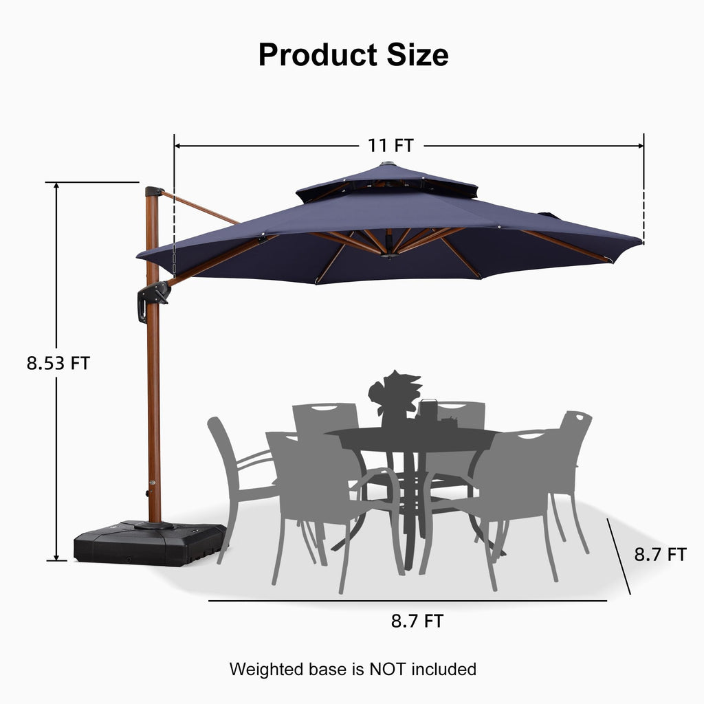 11ft Double Top Wood-Grain Finish Navy Blue Patio Umbrella T240