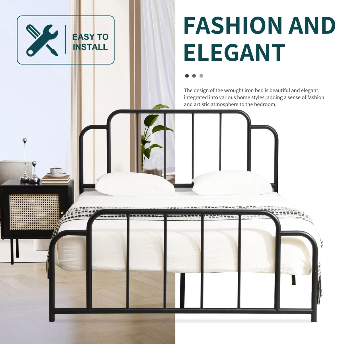 Black Full Size Metal Bed with Headboard and Footboard E85158