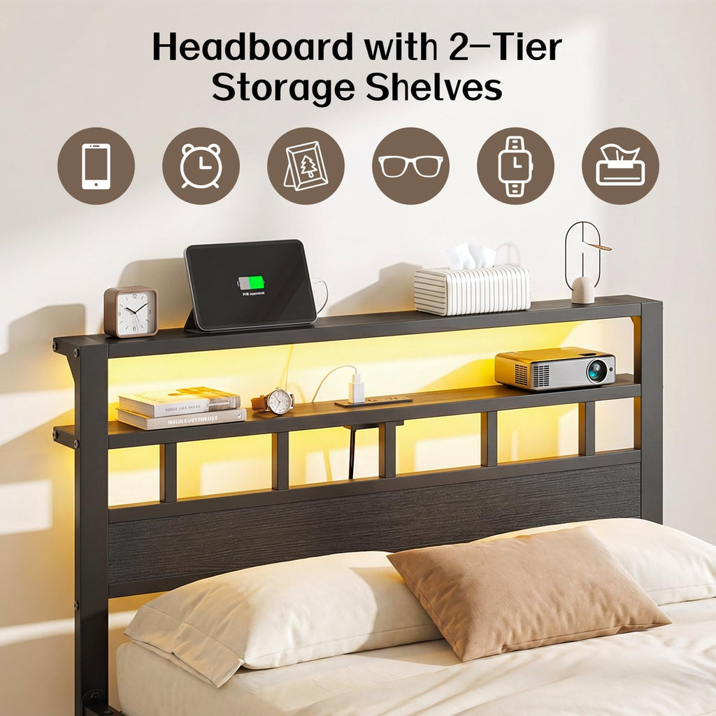 Full Size Bed Frame with Charging Station and LED Y88694