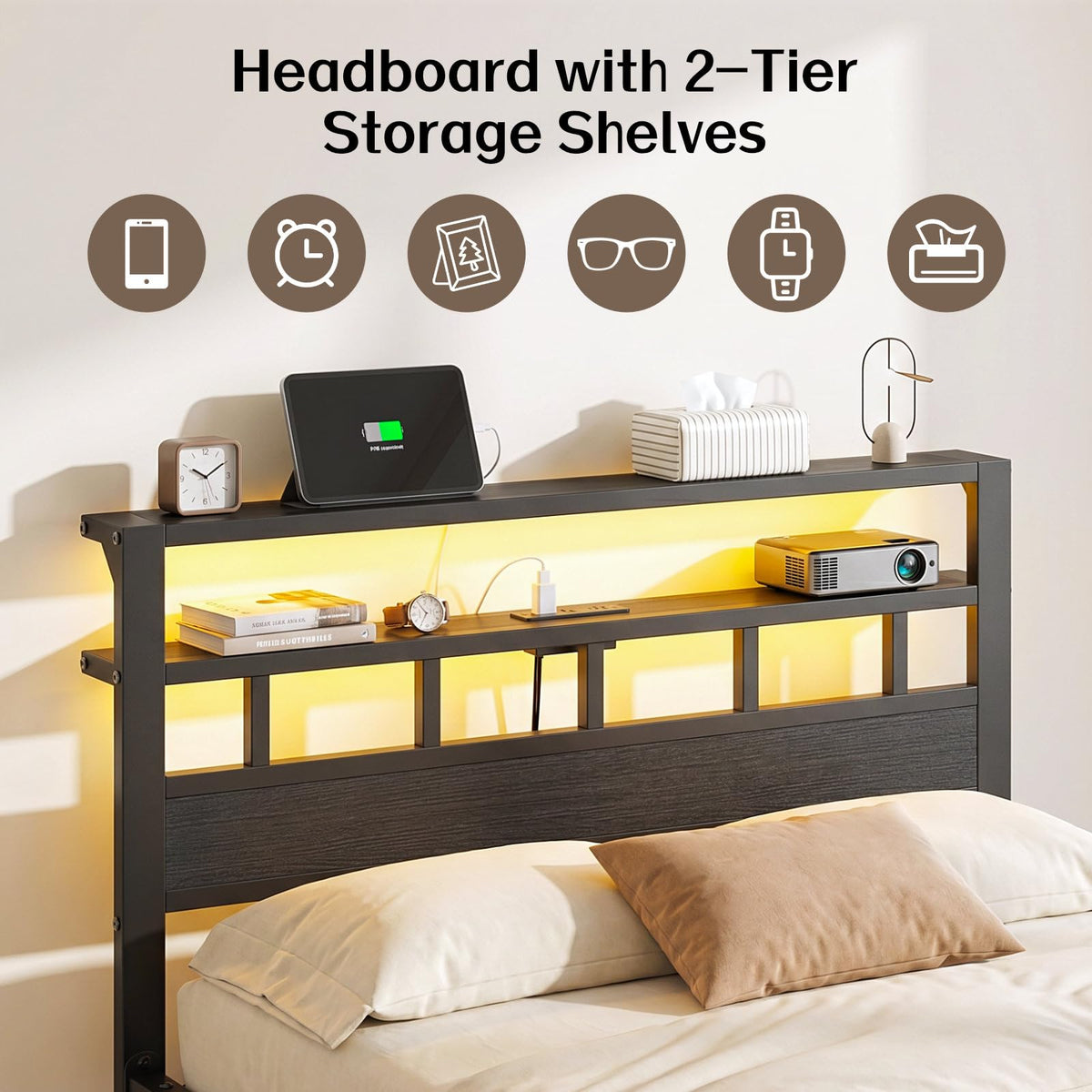 Full Size Bed Frame with Charging Station and LED Y88694