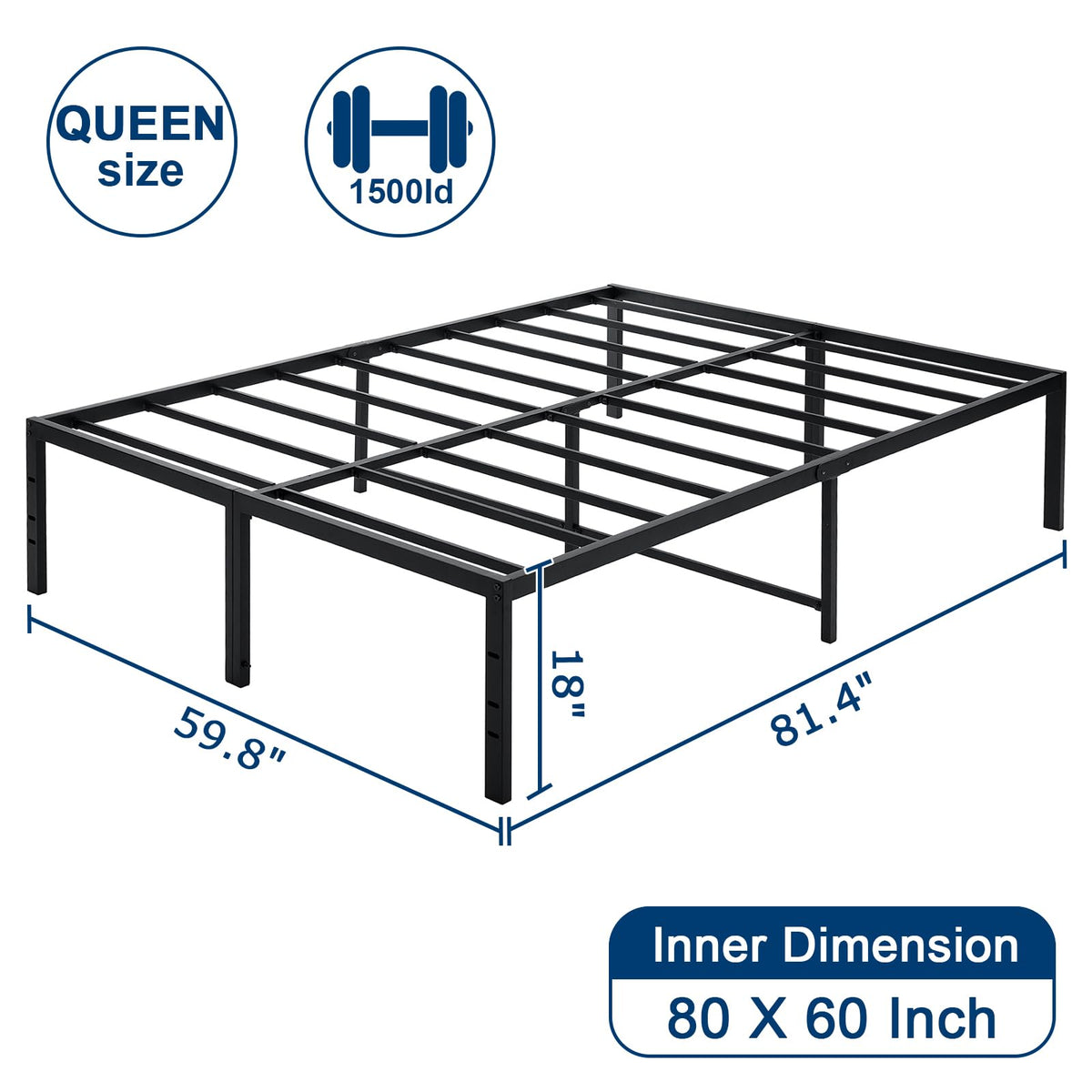 Queen Size Black Metal Bed Frame with Steel Slats O71386