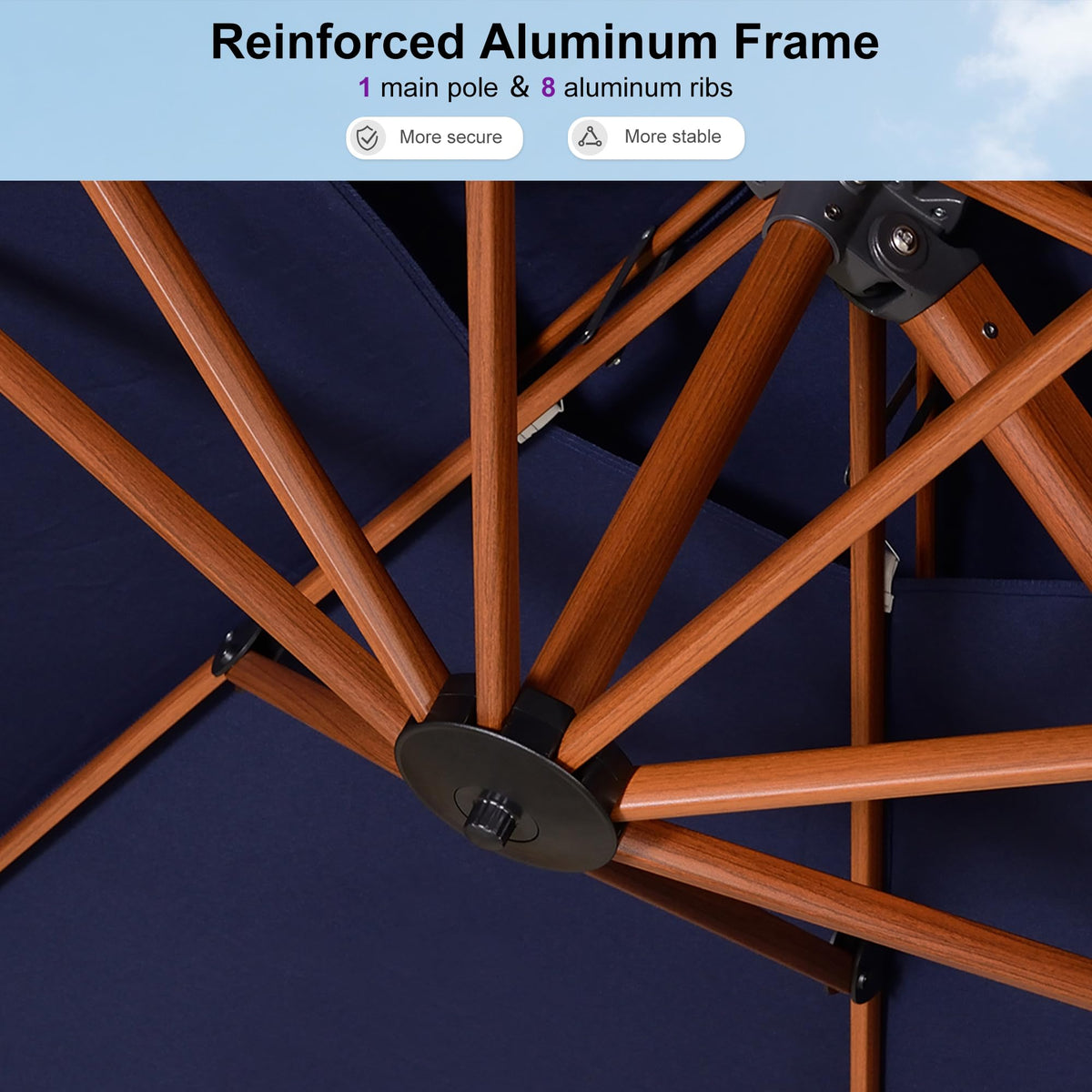 11ft Double Top Wood-Grain Finish Navy Blue Patio Umbrella T240