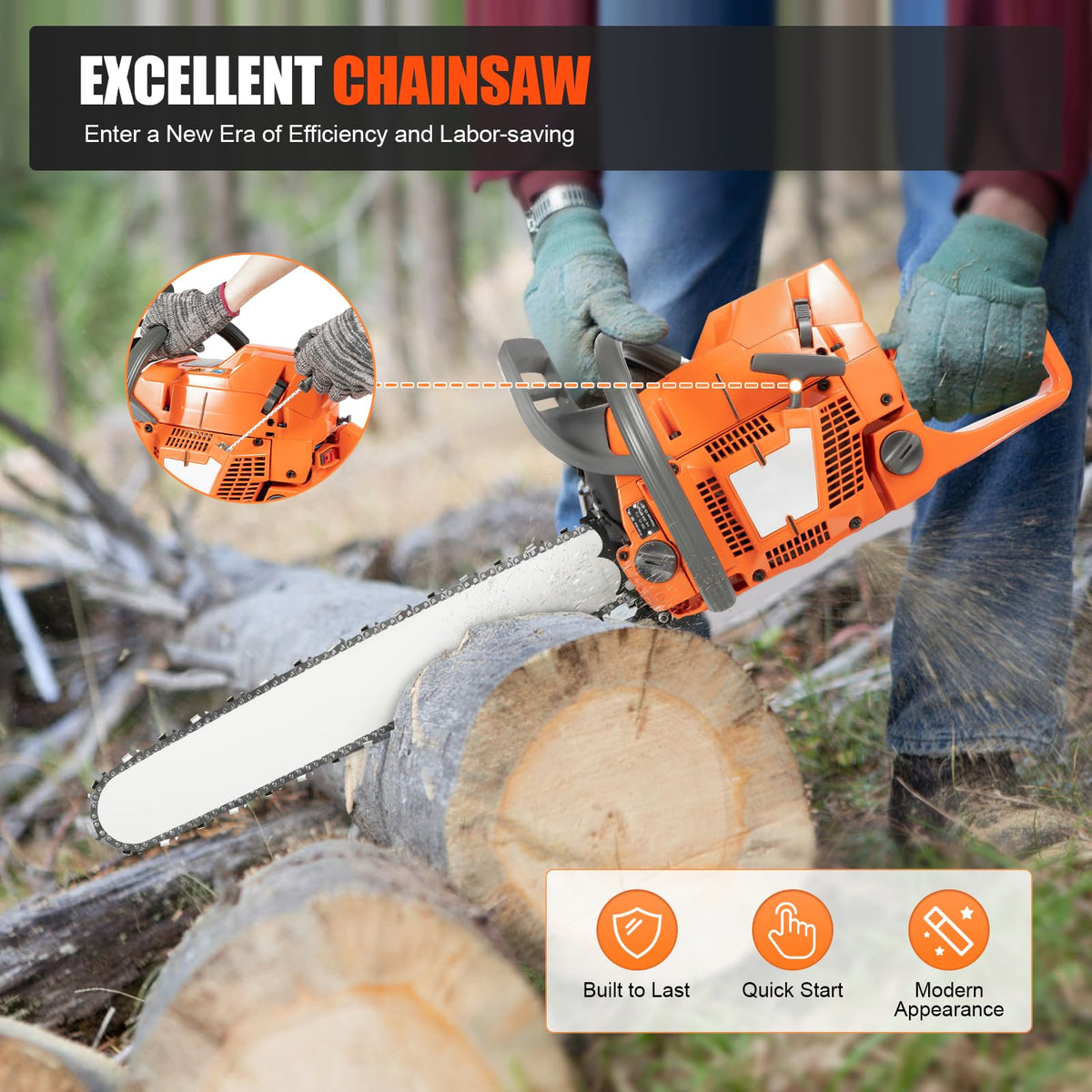 Gas Powered Chainsaw, 71.8cc 2-Stroke, 24 Inch M9508
