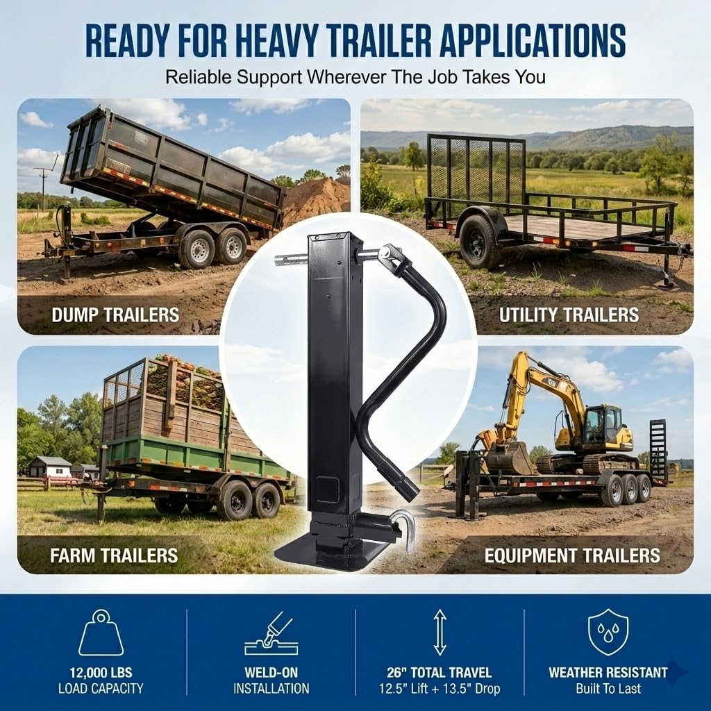 12000 LBS Weld-On Trailer Jack 4" Square Tube 26" Travel Side Wind Black O31154