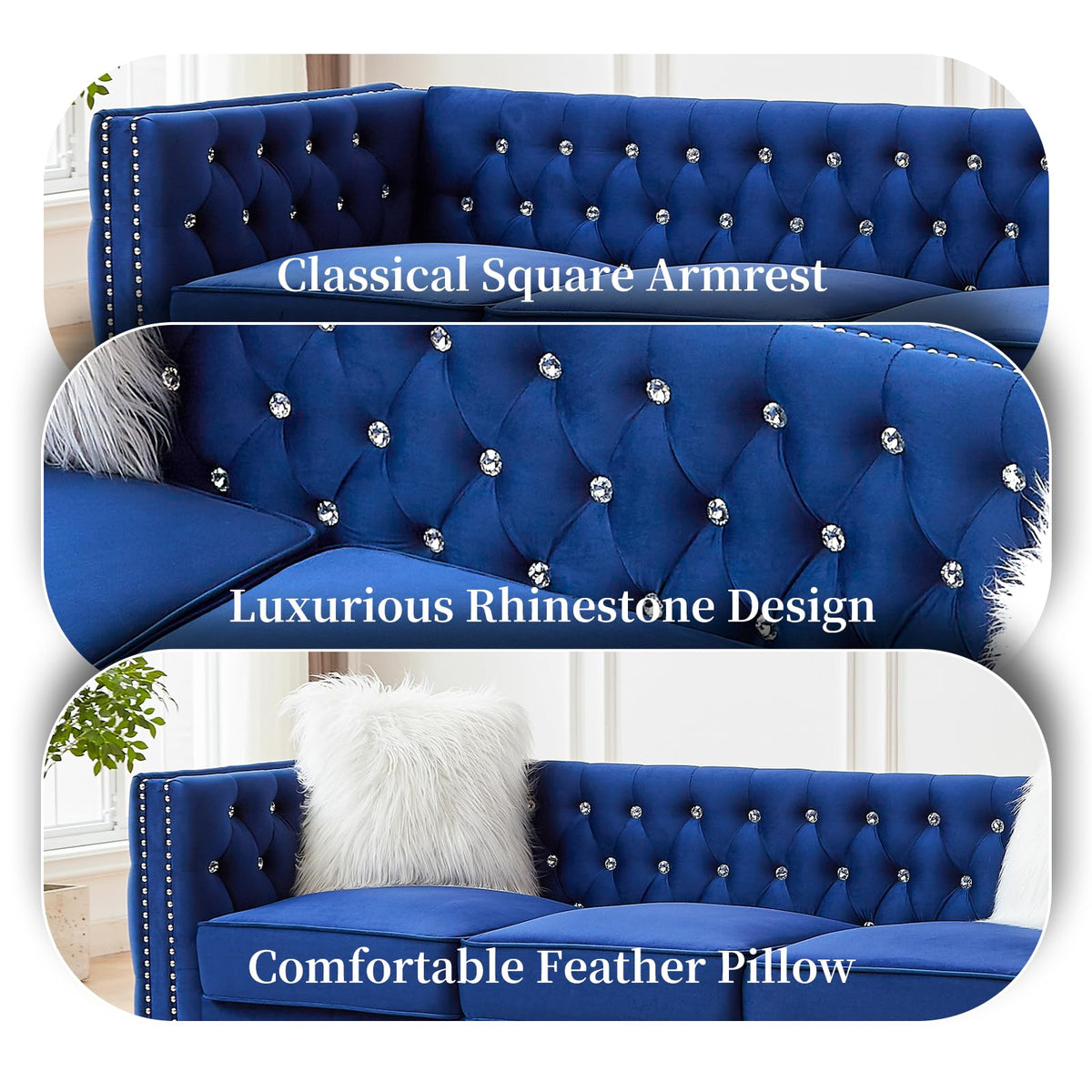 Blue Velvet Chesterfield Sofa with 2 Throw Pillows F921893