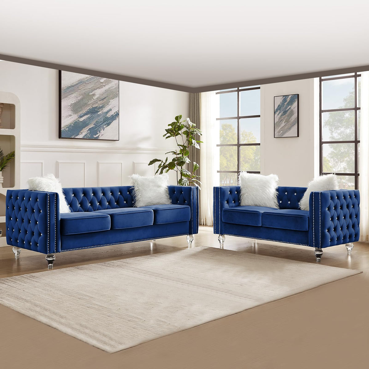 Blue Velvet Chesterfield Sofa with 2 Throw Pillows F921893