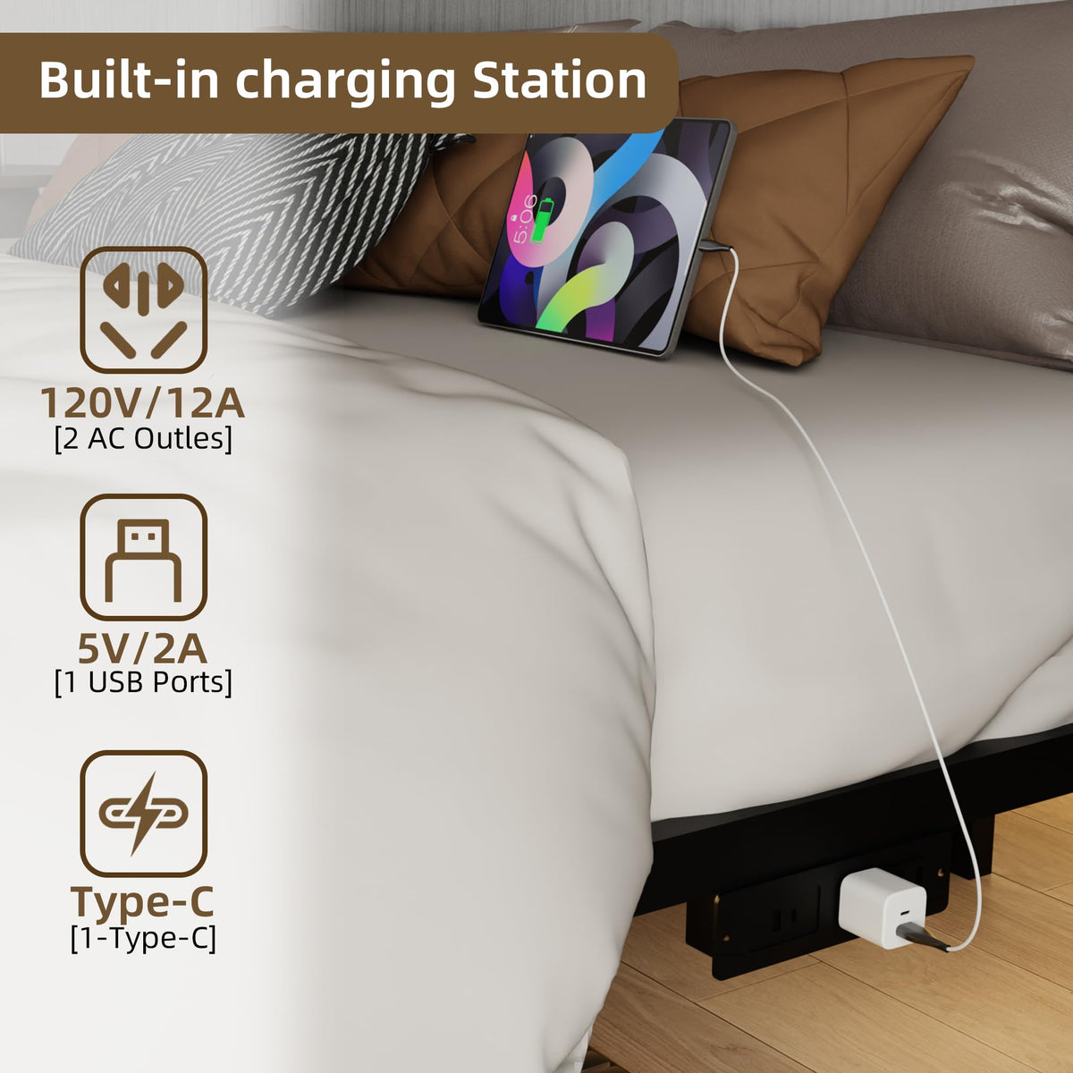 King Size Metal Platform Bed Frame with Charging Station and LED Lights V919