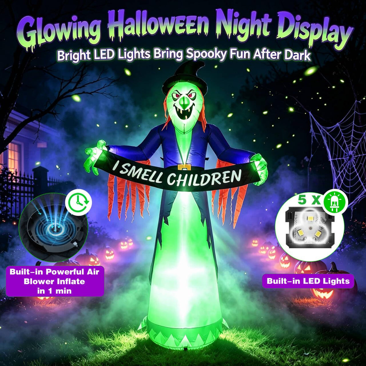 8FT Inflatable Witch Halloween Decoration with Built-in LED Lights M950895