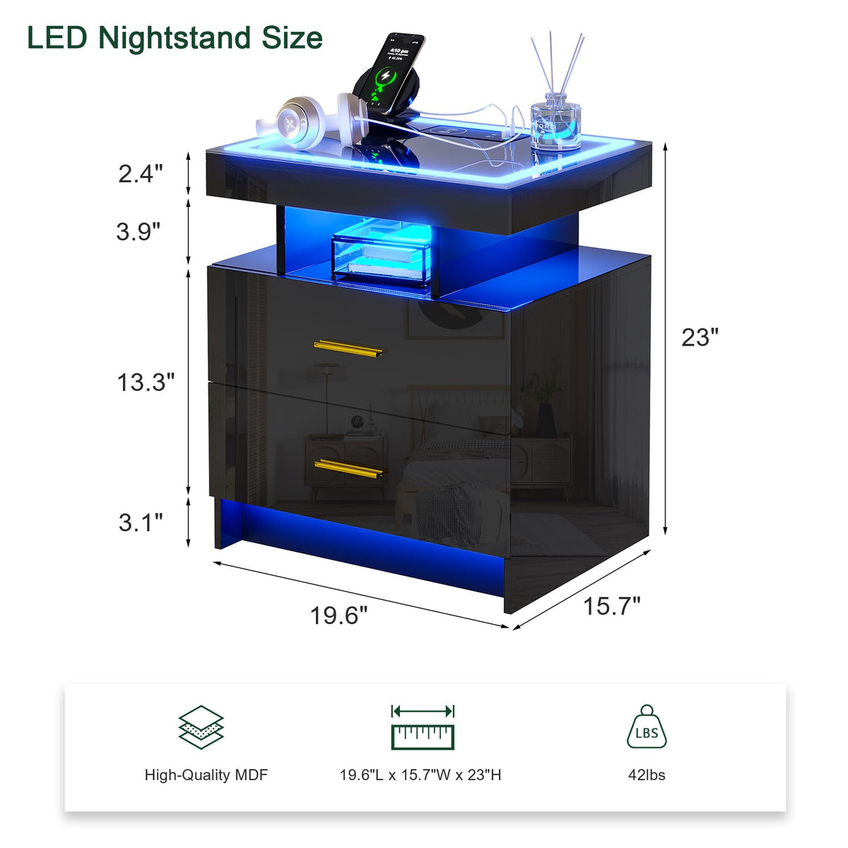 Black High Gloss Nightstand with Charging Station and 2 Drawers J769557