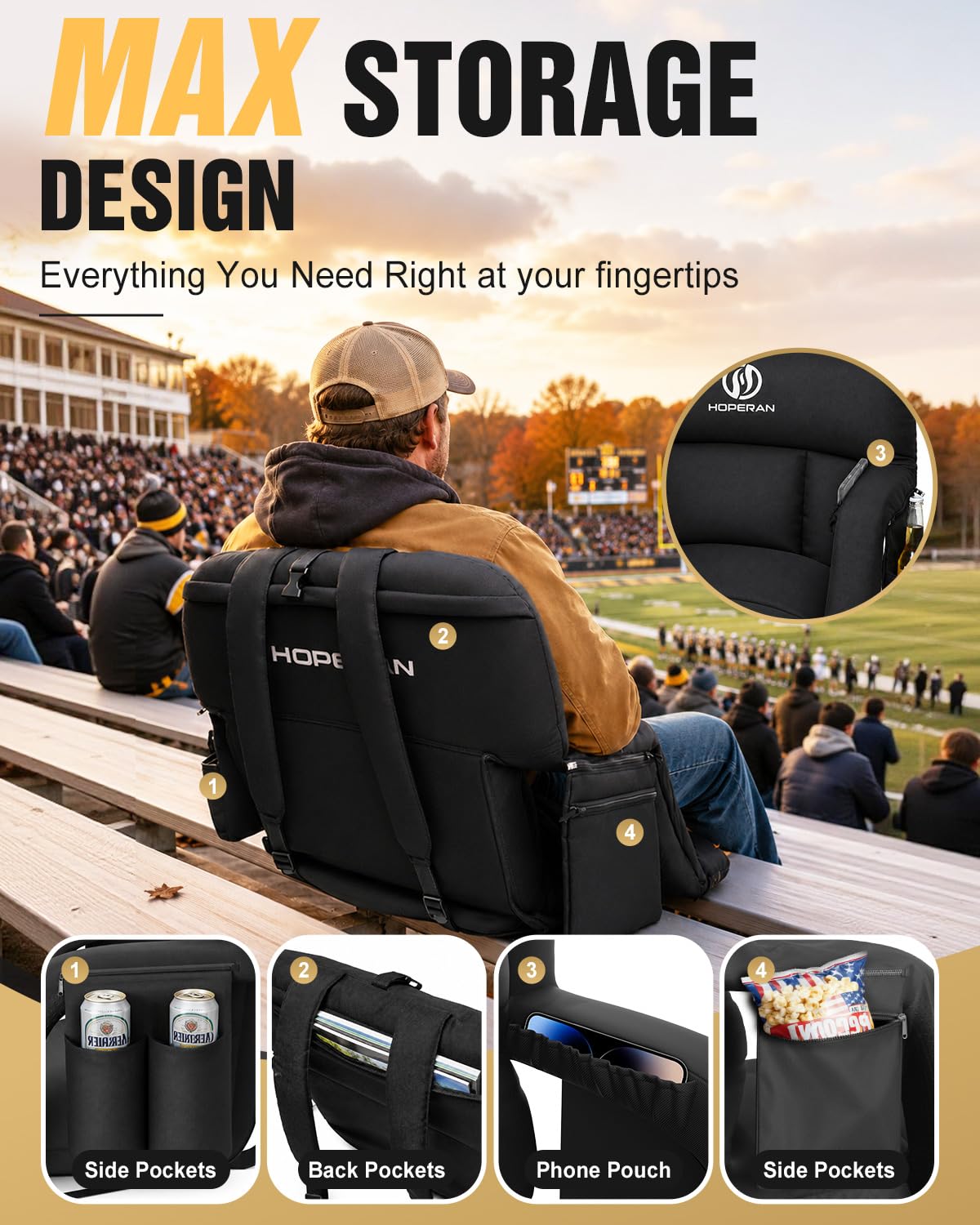 25" Heated Stadium Seats for Bleachers, 4.3" Extra Thick, Black 2PC I97936