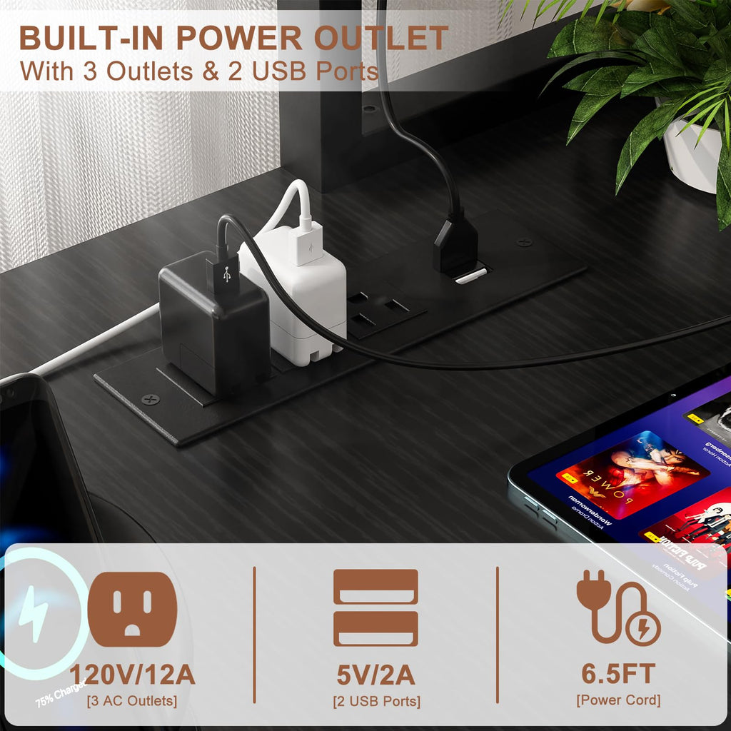 59" L Shaped Desk with LED Light & Power Outlet D10834