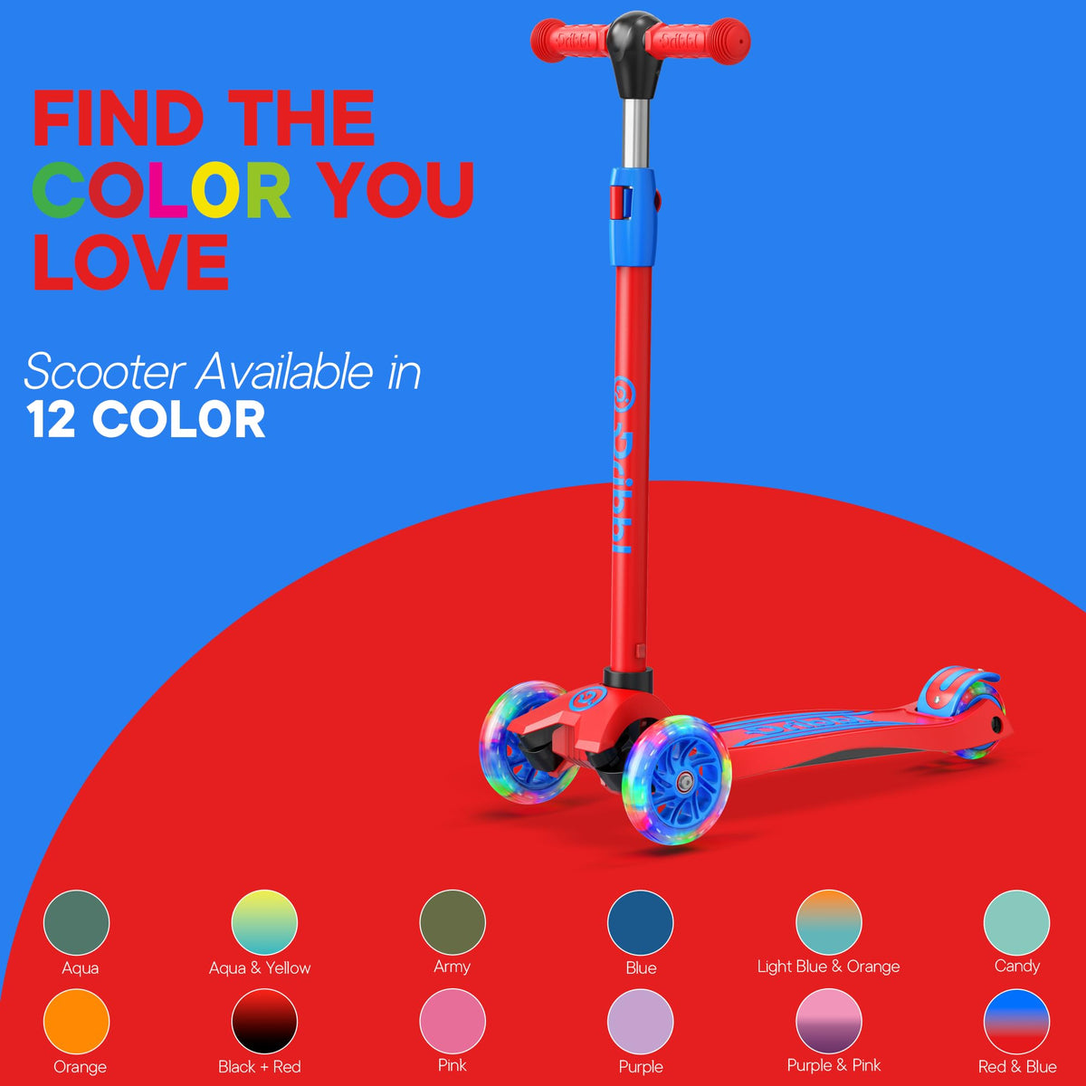 3-Wheel Kids Scooter Adjustable Height Anti-Slip Deck Red and Blue X1289