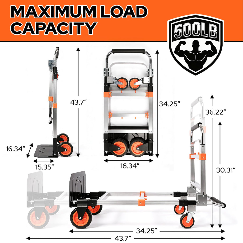 Folding Hand Truck Dolly Cart with Wheels, 500lb Load, Silver Orange P392468