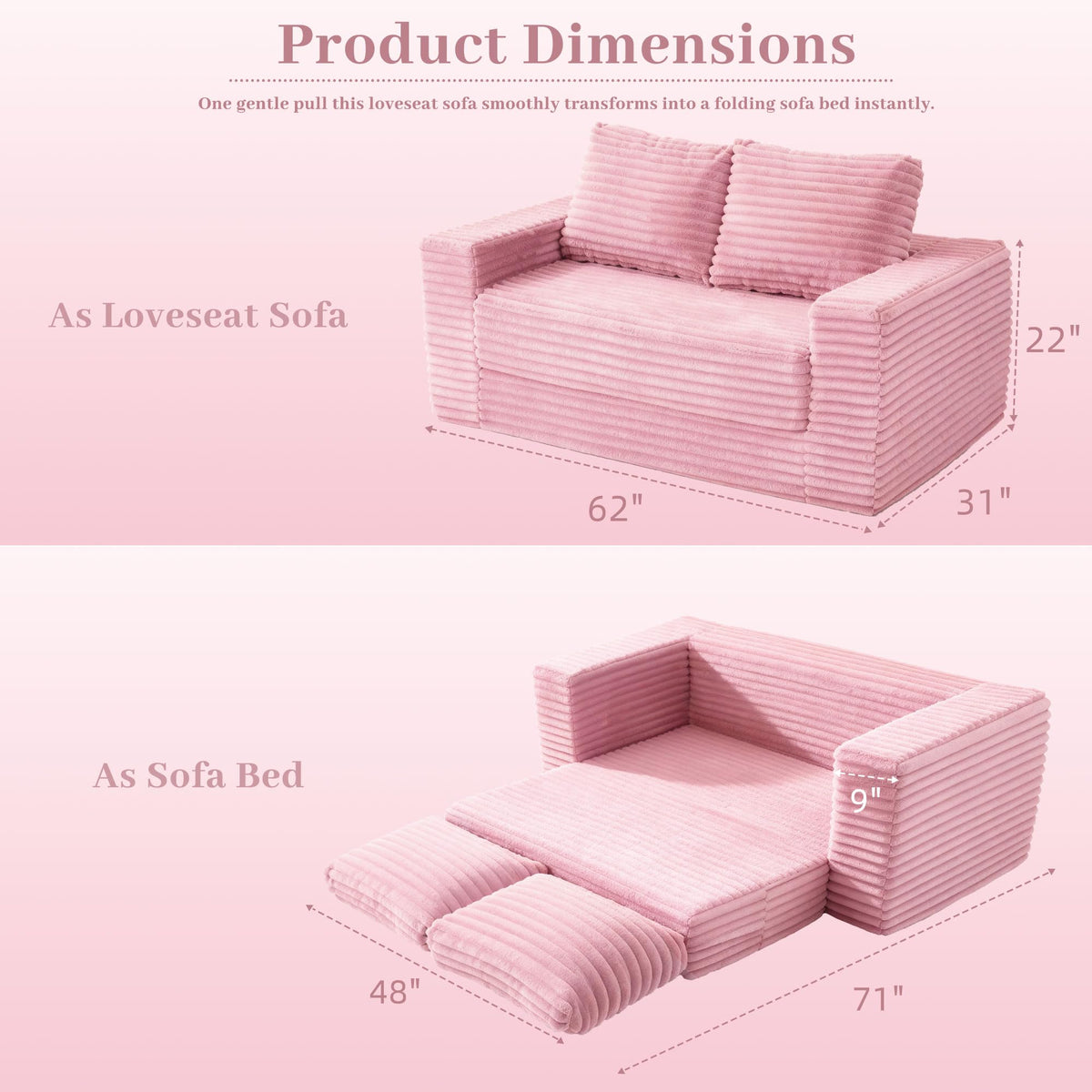 62" Pink Convertible Folding Sofa Bed Y8488