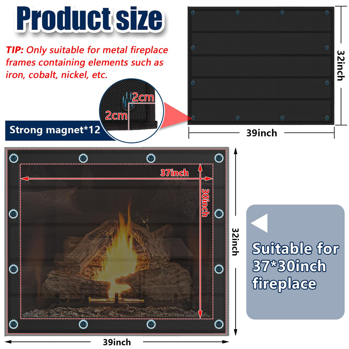 Magnetic Fireplace Cover 39"x32" Draft Stopper H217090
