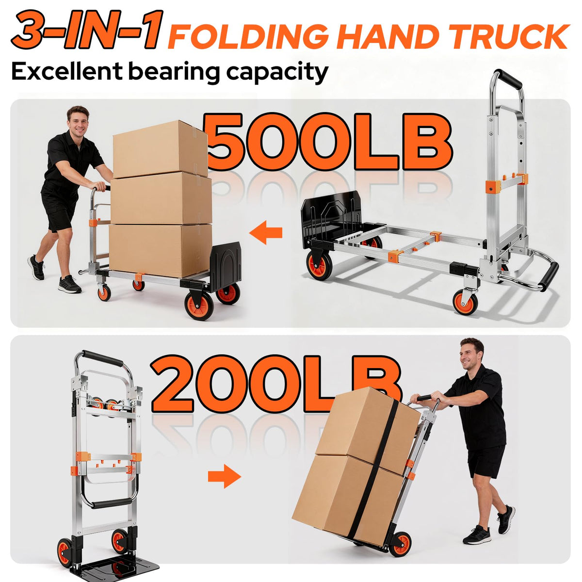 Folding Hand Truck Dolly Cart with Wheels, 500lb Load, Silver Orange P392468