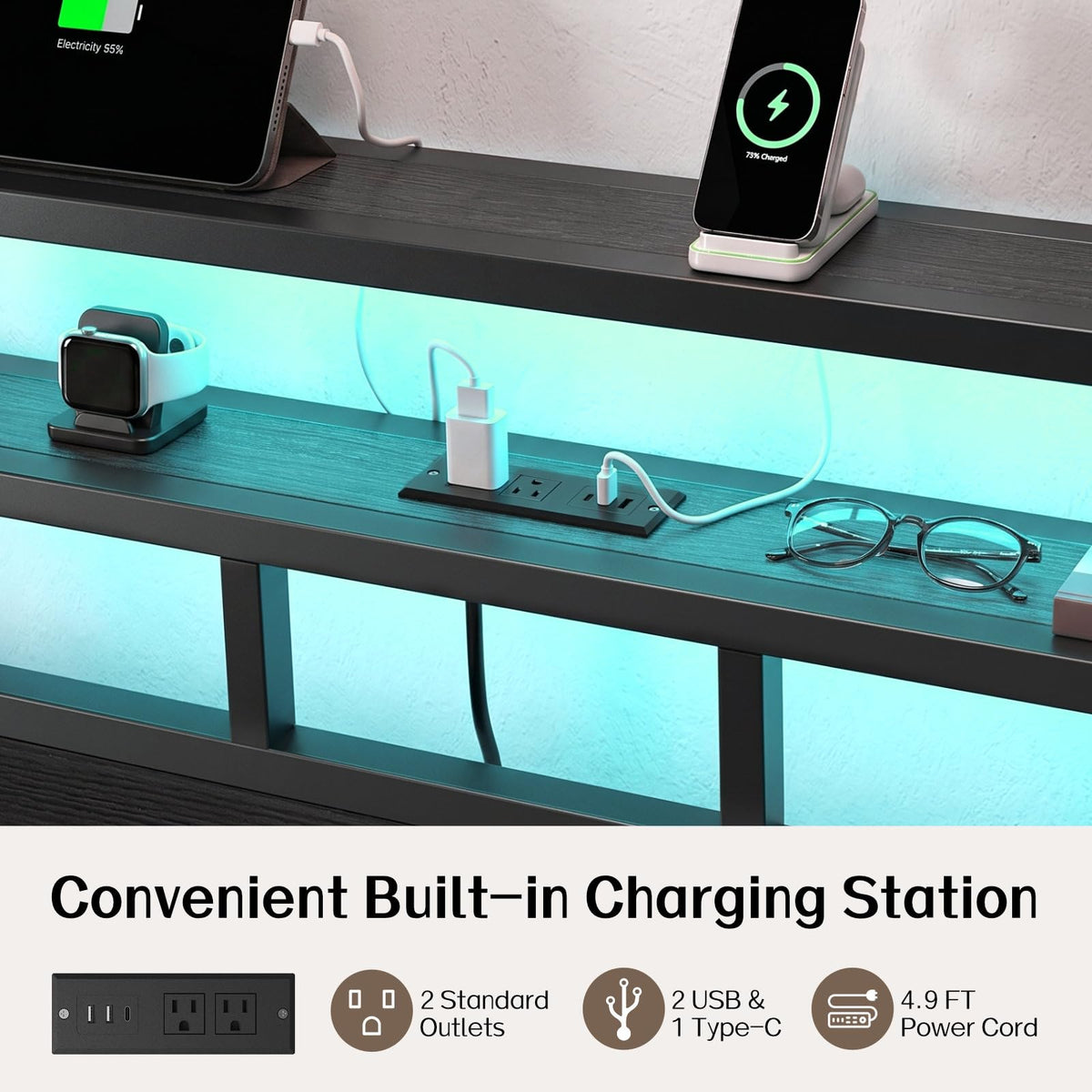 Full Size Bed Frame with Charging Station and LED Y88694