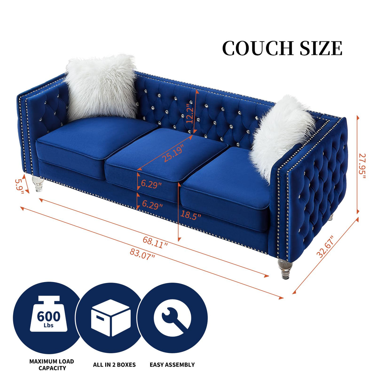 Blue Velvet Chesterfield Sofa with 2 Throw Pillows F921893