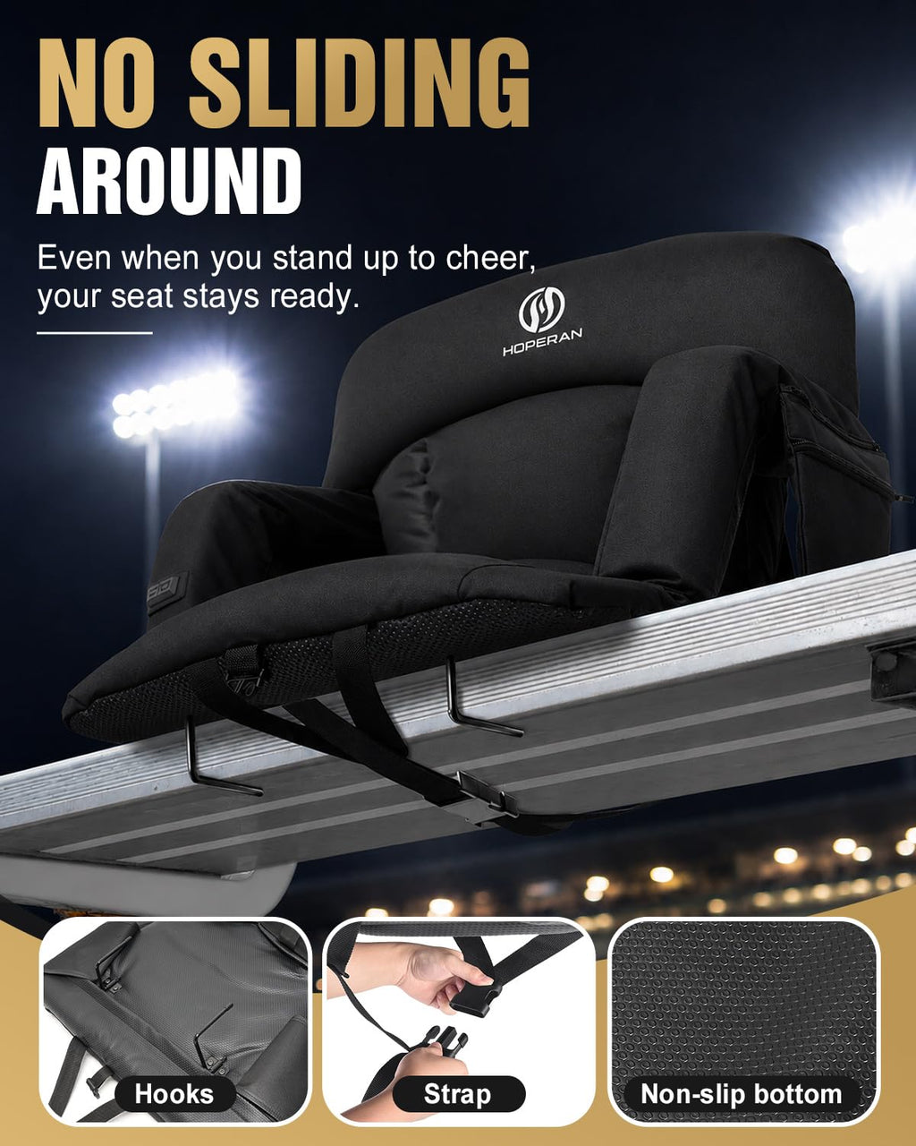 25" Heated Stadium Seats for Bleachers, 4.3" Extra Thick, Black 2PC I97936