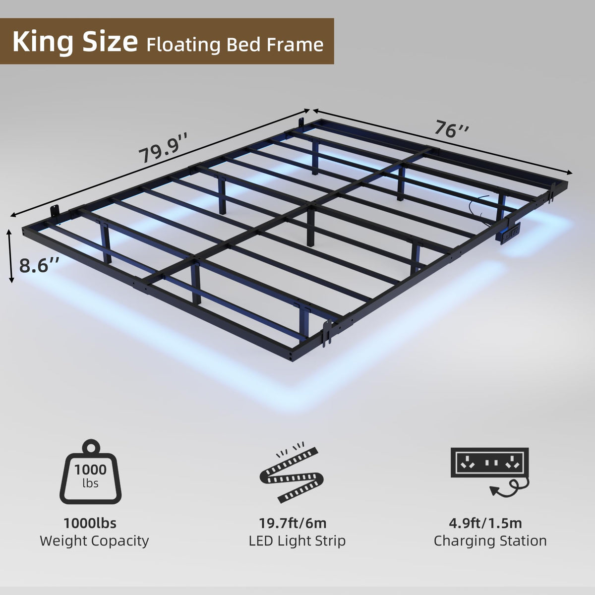 King Size Metal Platform Bed Frame with Charging Station and LED Lights V919