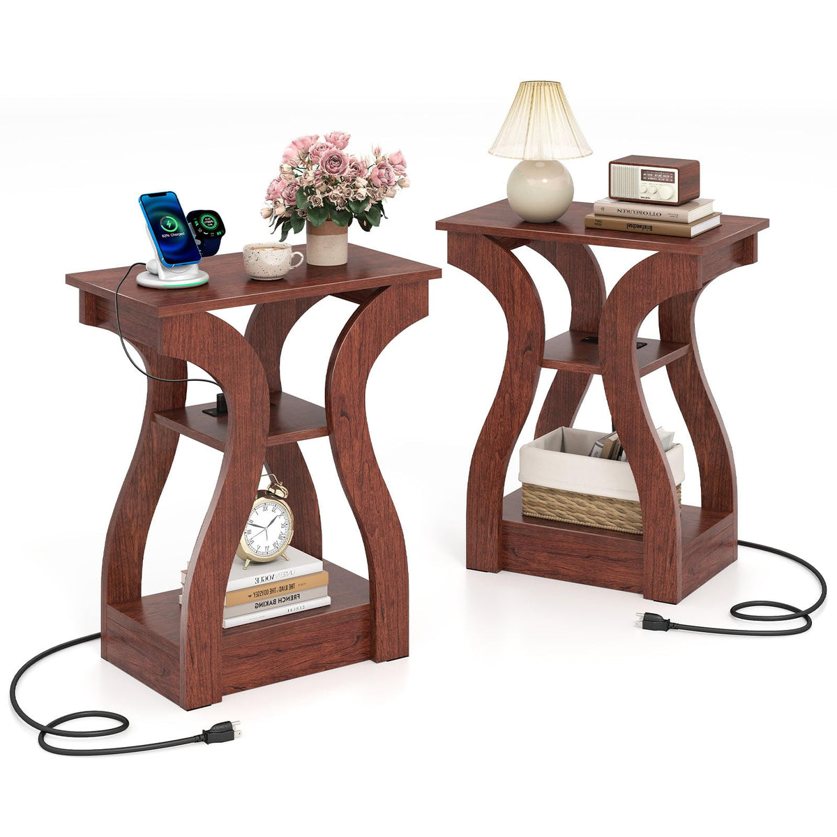 Narrow End Tables Set of 2 Wood with Charging Station Z8053