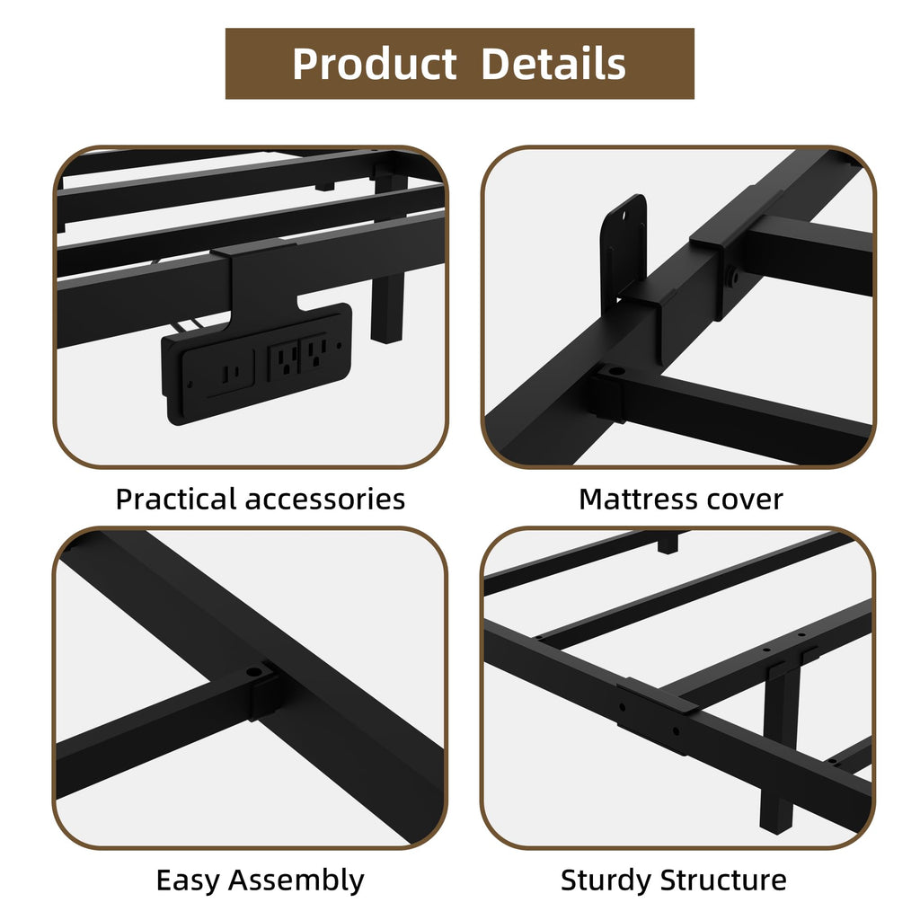 King Size Metal Platform Bed Frame with Charging Station and LED Lights V919