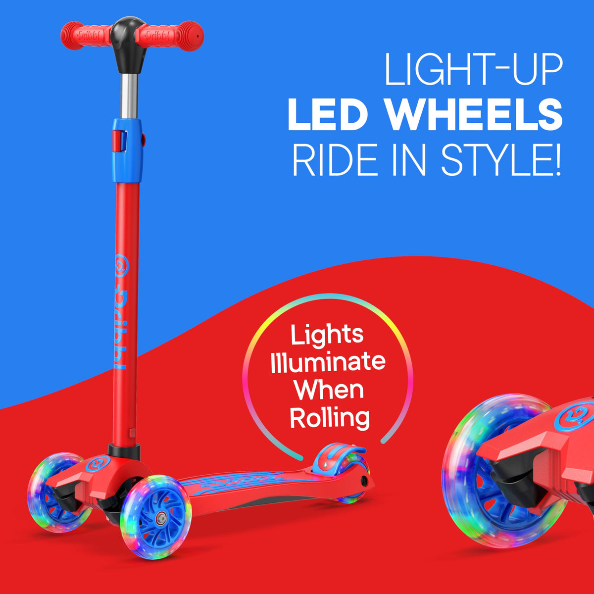 3-Wheel Kids Scooter Adjustable Height Anti-Slip Deck Red and Blue X1289