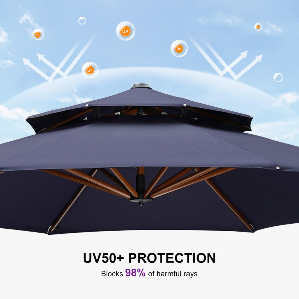 11ft Double Top Wood-Grain Finish Navy Blue Patio Umbrella T240