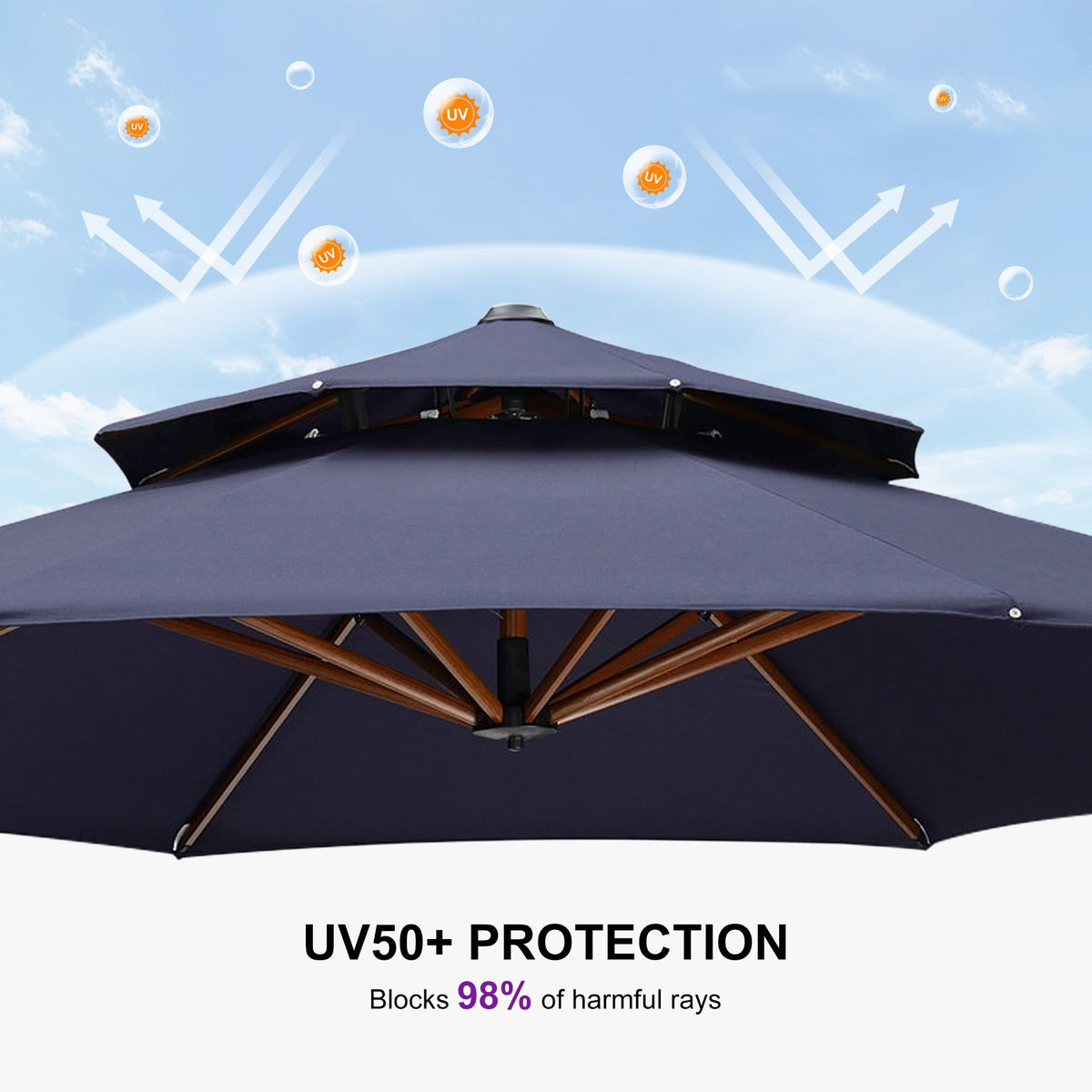 11ft Double Top Wood-Grain Finish Navy Blue Patio Umbrella T240