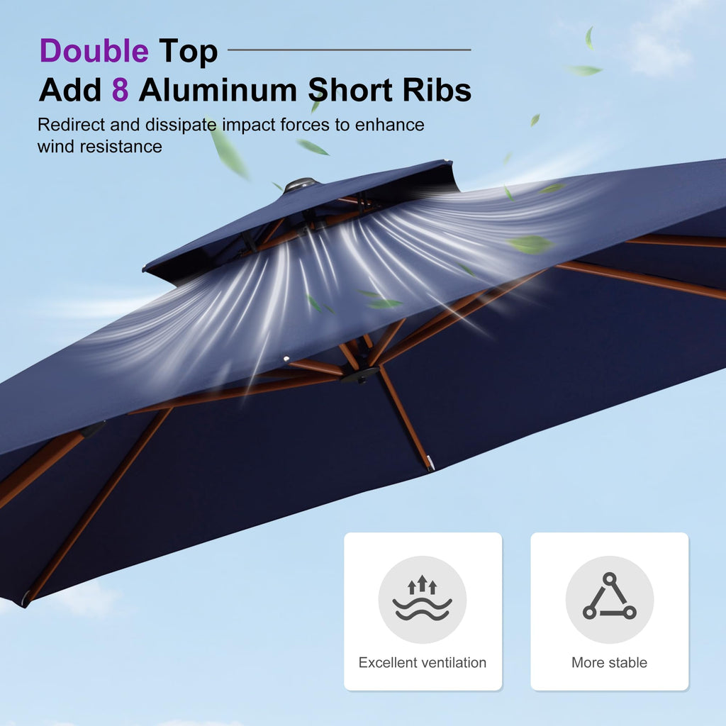 11ft Double Top Wood-Grain Finish Navy Blue Patio Umbrella T240