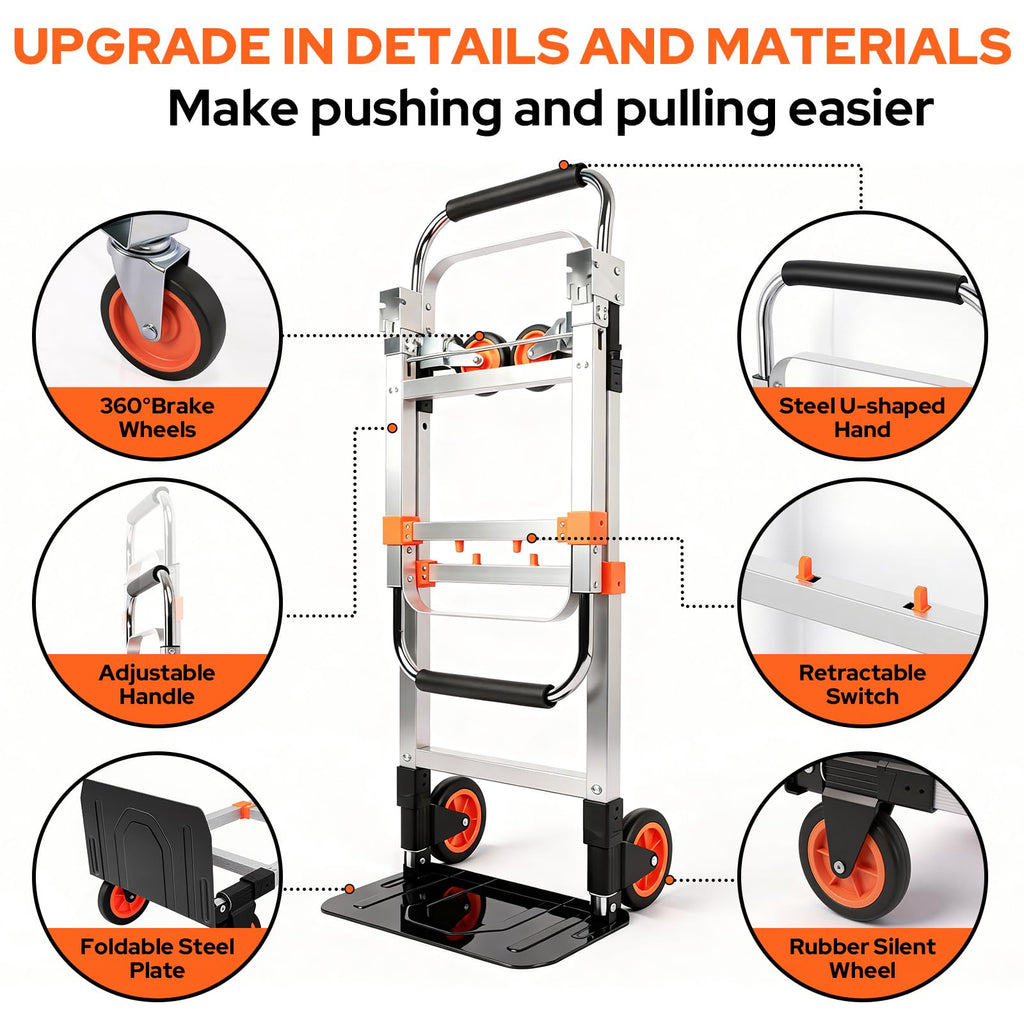 Folding Hand Truck Dolly Cart with Wheels, 500lb Load, Silver Orange P392468