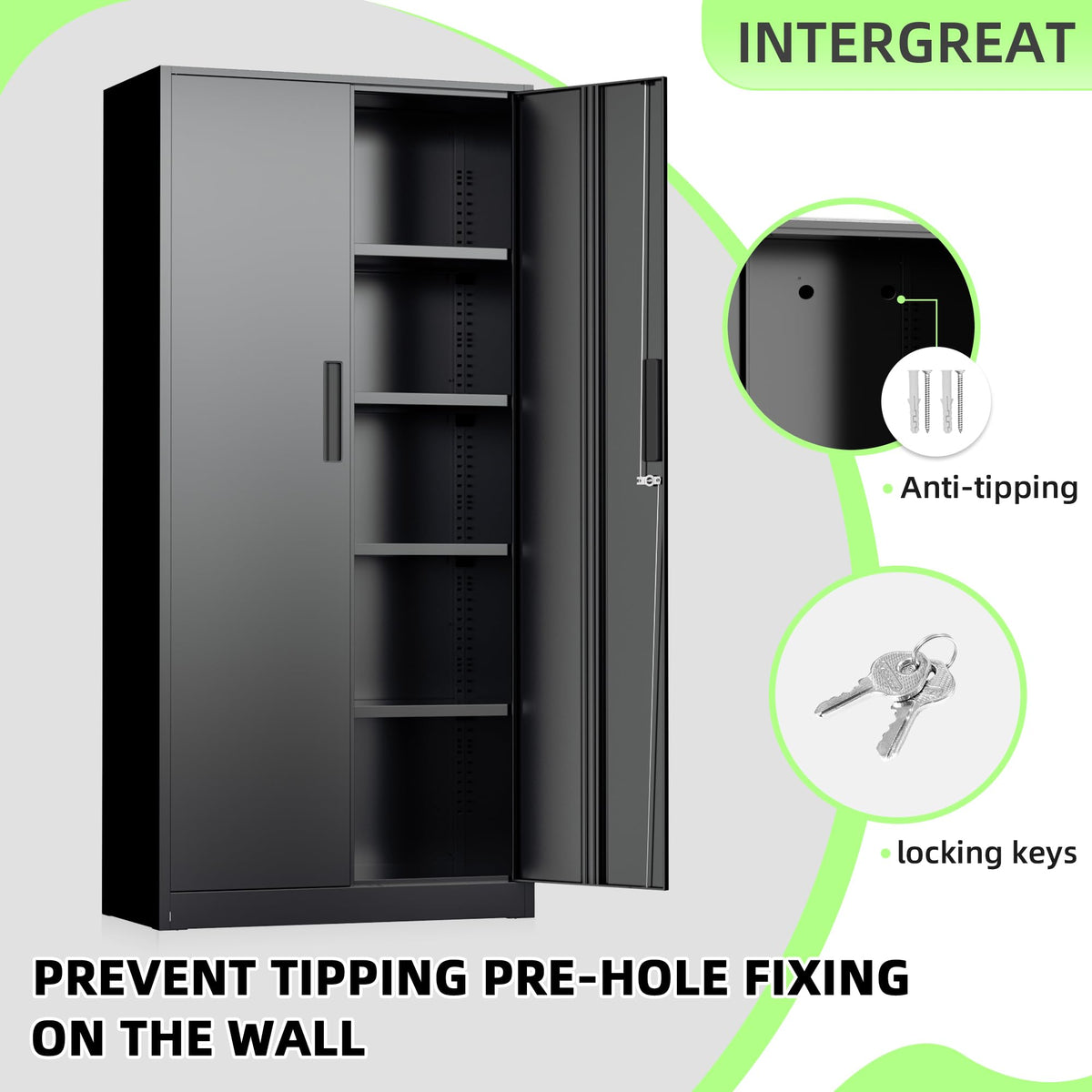 Black 72" Locking Steel Storage Cabinet with 4 Adjustable Shelves G54074