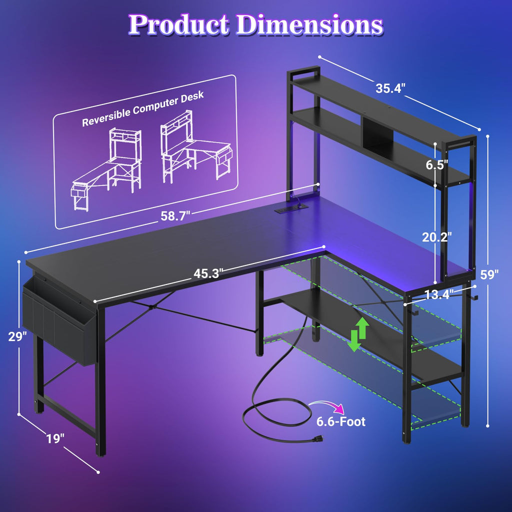 59" L Shaped Desk with LED Light & Power Outlet D10834
