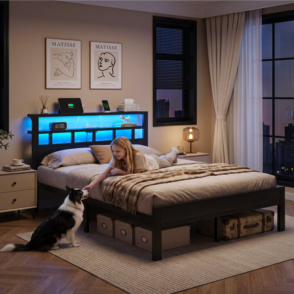Full Size Bed Frame with Charging Station and LED Y88694
