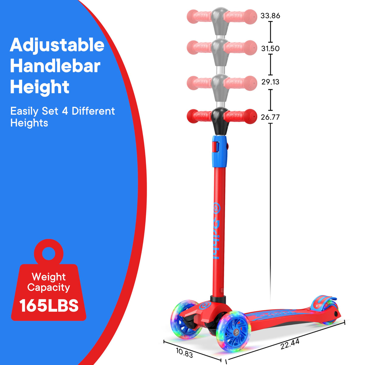 3-Wheel Kids Scooter Adjustable Height Anti-Slip Deck Red and Blue X1289