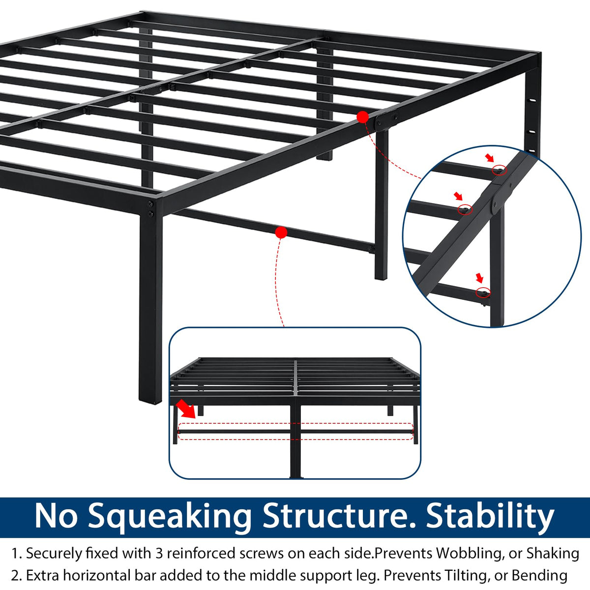 Queen Size Black Metal Bed Frame with Steel Slats O71386