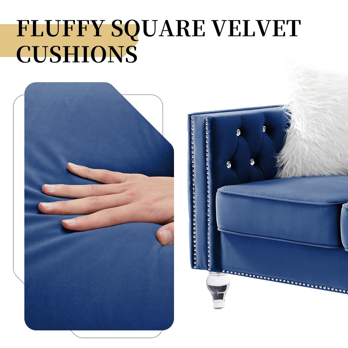 Blue Velvet Chesterfield Sofa with 2 Throw Pillows F921893
