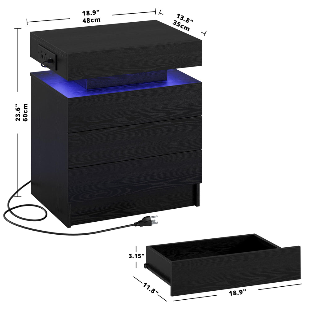 Black 3 Drawer Nightstand with Charging Station Z7212