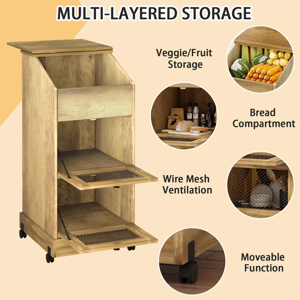 Brown Wooden Potato Storage Bin with Wheel T4723