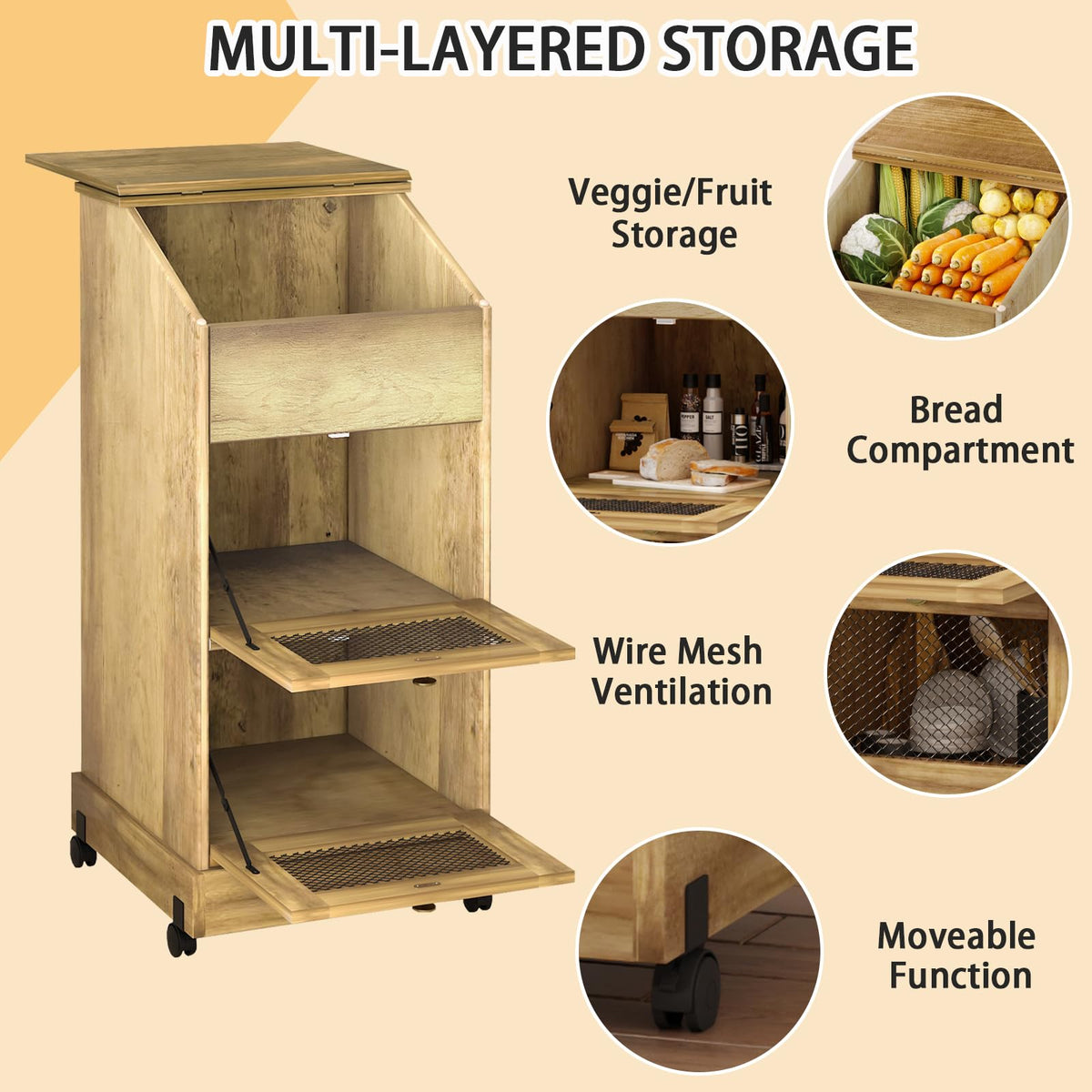 Brown Wooden Potato Storage Bin with Wheel T4723