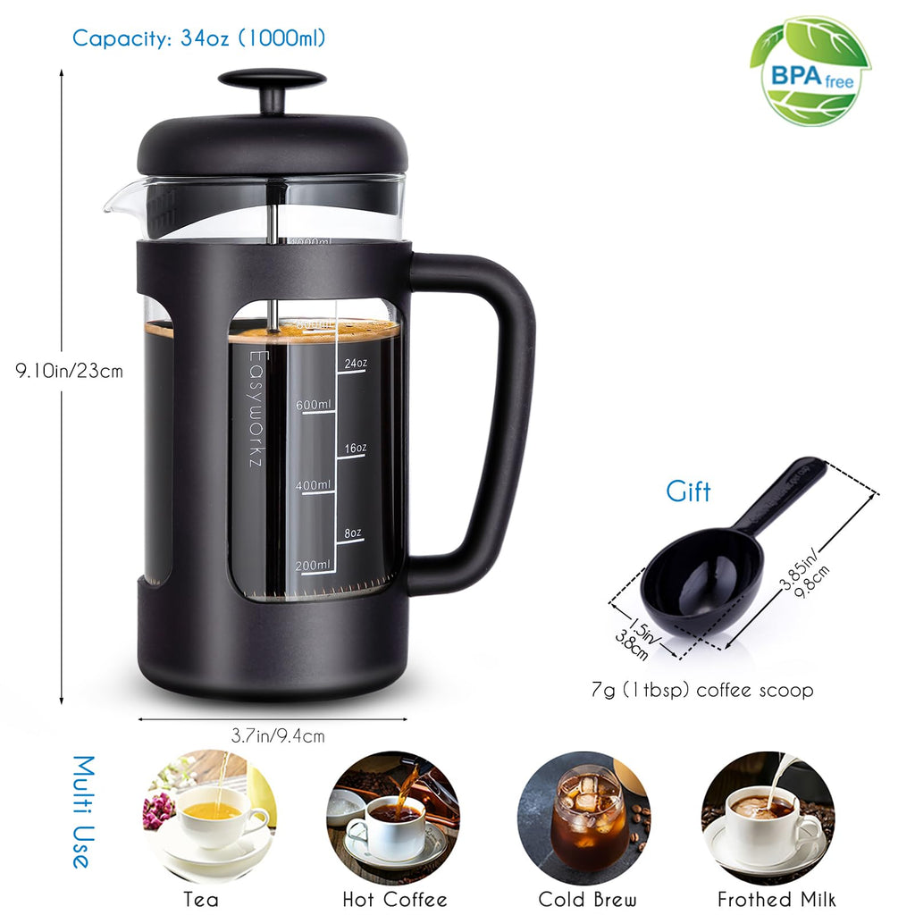 34 oz French Press Coffee Tea Maker with 10g Measuring Spoon Q630752