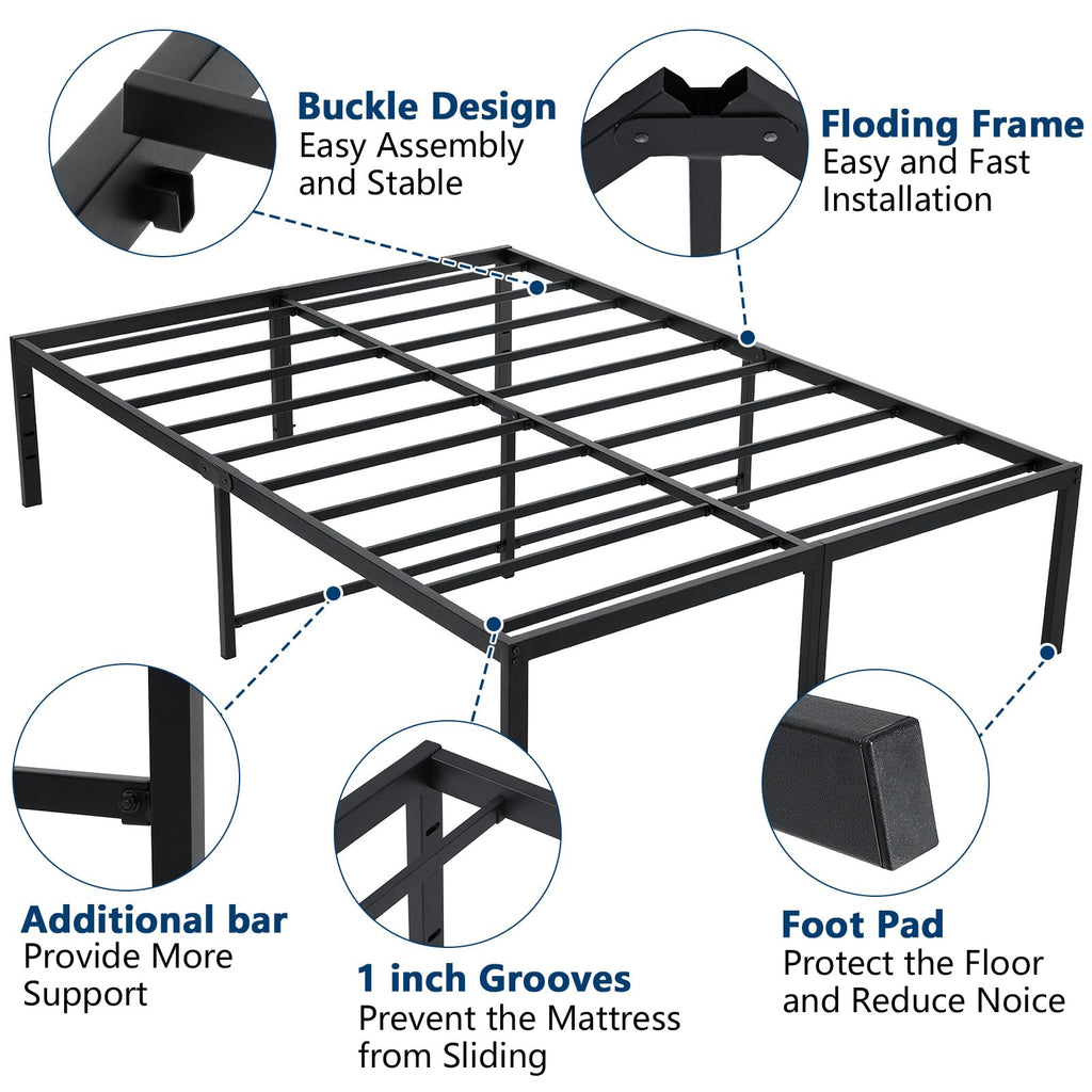 Queen Size Black Metal Bed Frame with Steel Slats O71386