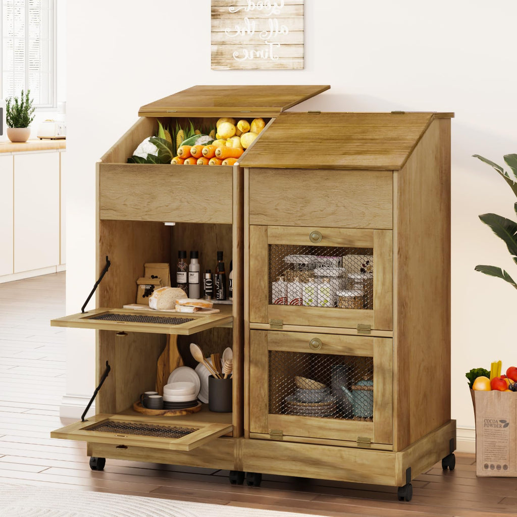 Brown Wooden Potato Storage Bin with Wheel T4723