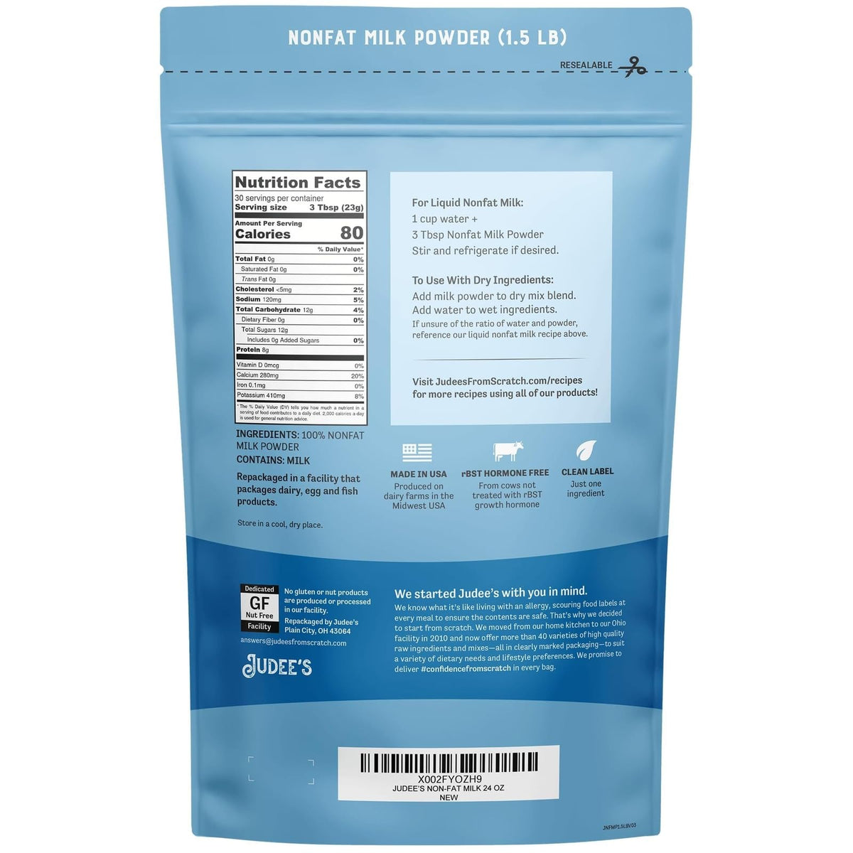 Gluten Free Non Fat Dry Powdered Milk 1.5 lb Q86390