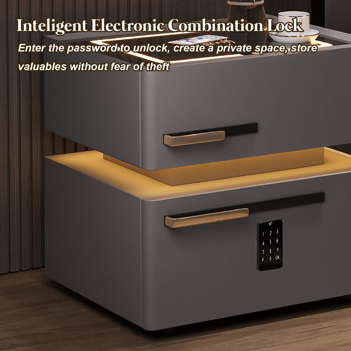 Light Gray Nightstand with Wireless Charging and Drawers L4700