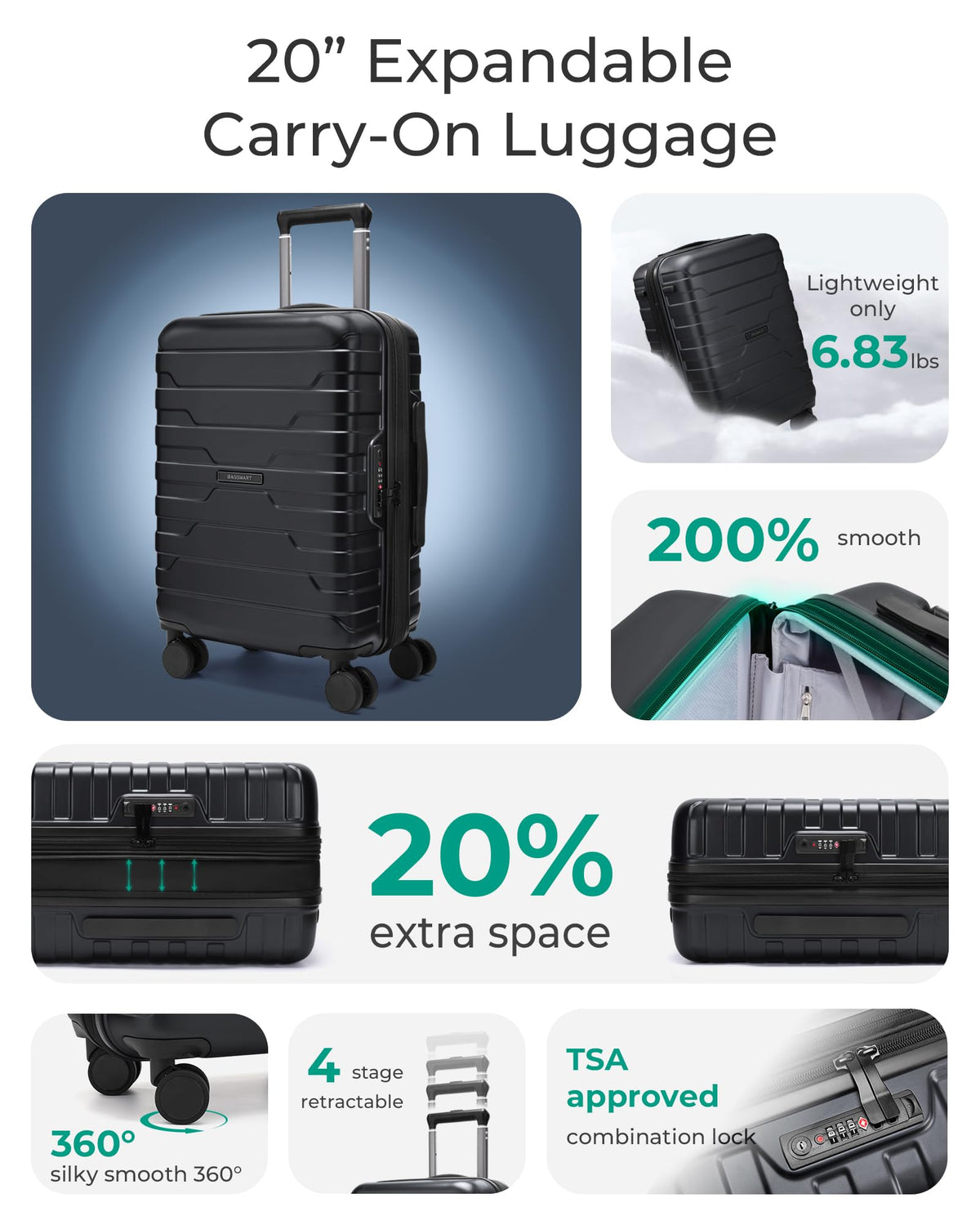 Expandable Spinner Carry-On Luggage 20" Black P19680